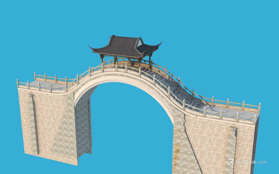 Traditional Chinese Arched Bridge With Stone Brick Structure And Curved Eaves Pavilion 3d model 