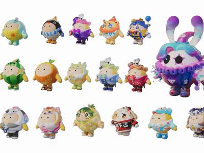 Cute Colorful Cartoon Charms with Varied Character Designs and Decorative Styles 3d model