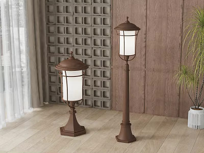 Classic Brown Floor Lamps With White Shades Against Grid Patterned Wall And Wooden Floor 3d model