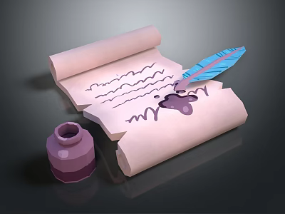 Vintage Writing Supplies Including Scroll Feather Pen And Ink Bottle Set 3d model