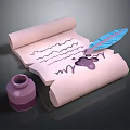 Vintage Writing Supplies Including Scroll Feather Pen And Ink Bottle Set