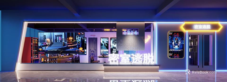 Futuristic Escape Room Interior Design With Neon Lighting And Displays 3d model 