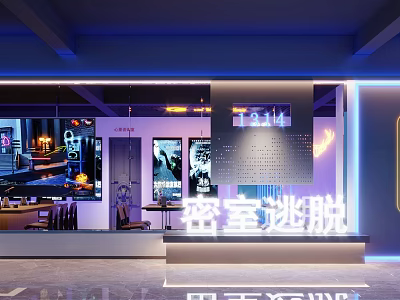 Futuristic Escape Room Interior Design With Neon Lighting And Displays 3d model