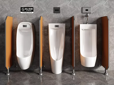 Modern White Urinals With Wooden Partitions And Automatic Sensor In Public Restroom 3d model