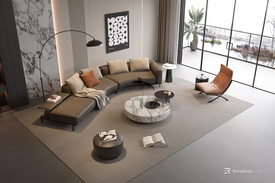 Modern L shaped Sofa Coffee Table Set with Accent Chair and Floor Lamp 3d model 