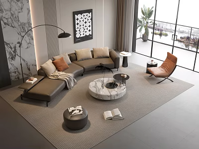 Modern L shaped Sofa Coffee Table Set with Accent Chair and Floor Lamp 3d model