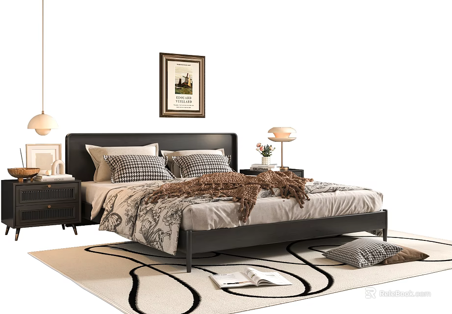 Double Bed with Black Headboard Plaid Pillows Throw Blanket Nightstands Table Lamps and Area Rug 3d model 