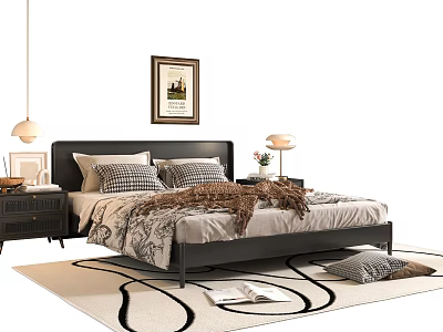 Double Bed with Black Headboard Plaid Pillows Throw Blanket Nightstands Table Lamps and Area Rug 3d model