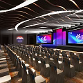 Modern Stage Design With Blue Circular Platform Steps Large Screens Colorful Graphics And Ceiling Lighting