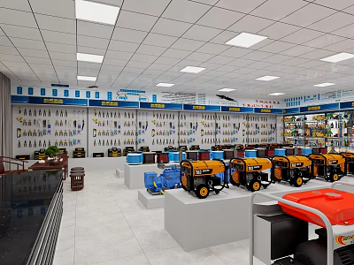Hardware Store Interior With Tools On Walls And Generators On Display Stands 3d model