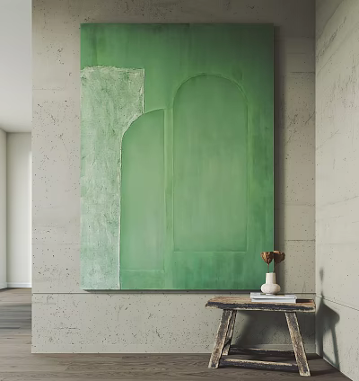 Large Green Abstract Painting On Gray Wall With Small Table White Vase And Books 3d model