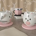 Cute Cat Shaped Ceramic Mugs with Spoons on Pink Coasters Cartoon Design