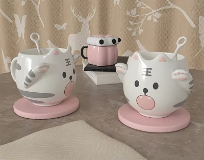 Cute Cat Shaped Ceramic Mugs with Spoons on Pink Coasters Cartoon Design 3d model