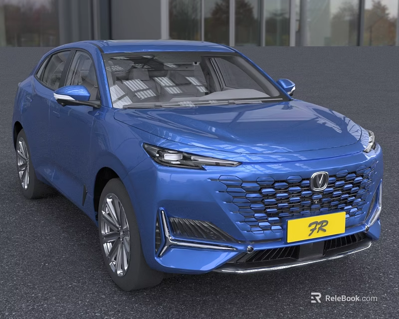 Blue SUV Car With Sleek Front Grille Yellow License Plate And Silver Wheels 3d model 