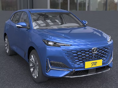 Blue SUV Car With Sleek Front Grille Yellow License Plate And Silver Wheels 3d model