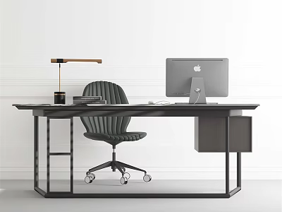 Modern Desk Setup With Apple Monitor Table Lamp And Ergonomic Chair 3d model