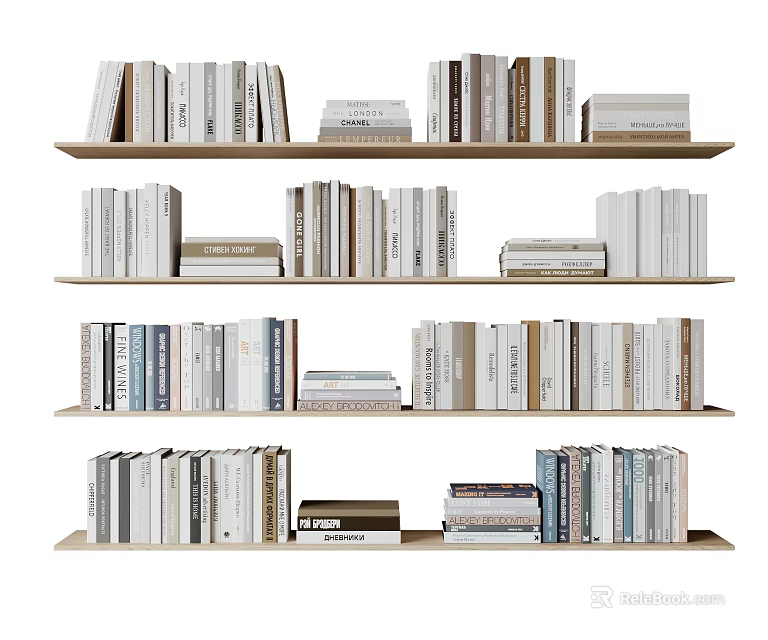 Various Books And Magazines Neatly Arranged On Multiple Wooden Bookshelves 3d model 