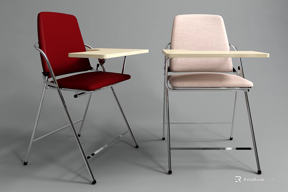 Red and Beige Office Chairs with Foldable Tables and Metal Frames 3d model 