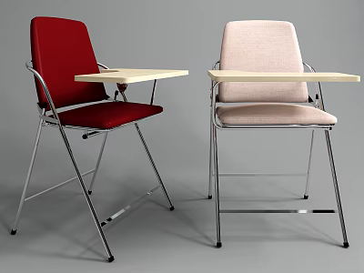 Red and Beige Office Chairs with Foldable Tables and Metal Frames 3d model