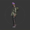 Masked Character With Purple Hair In Green Jacket And White T-Shirt Featuring Mythical Creature Design