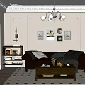 Vintage Living Dining Room Interior With Brown Leather Sofa Wooden Coffee Table And Wall Art