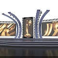 Elegant Modern Awards Stage With Golden Trophy Large Golden Screens And Curved Lights