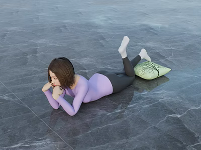 Woman Lying on Marble Floor in Purple Top and Black Leggings with Green Pillow 3d model