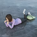 Woman Lying on Marble Floor in Purple Top and Black Leggings with Green Pillow