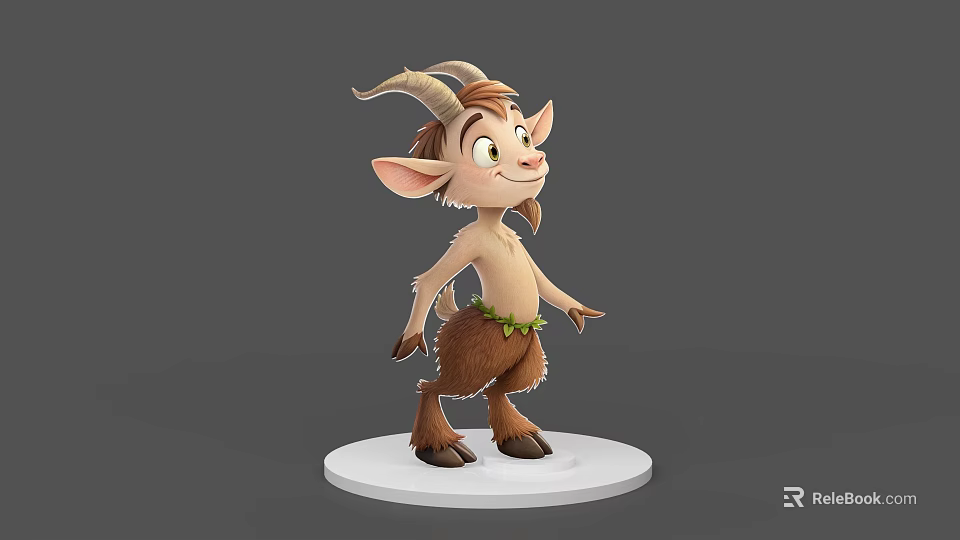 Lively Cartoon Goat Game Movie Character With Horns Standing Pose And Green Leaf Decoration 3d model 