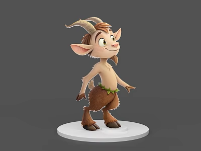 Lively Cartoon Goat Game Movie Character With Horns Standing Pose And Green Leaf Decoration 3d model