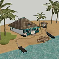 Detached Villa on Waterfront Beach with Palm Trees and Black Boat