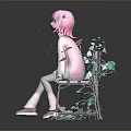 Pink Haired Character Sitting On Pink Bench With Green Vines Flowers And Butterflies