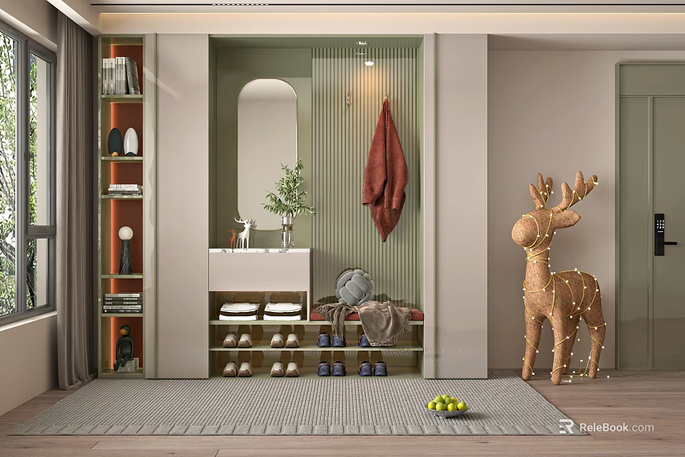 Modern Stylish Shoe Cabinet In Entryway With Mirror Potted Plant And Deer Ornament 3d model 