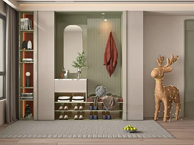 Modern Stylish Shoe Cabinet In Entryway With Mirror Potted Plant And Deer Ornament 3d model