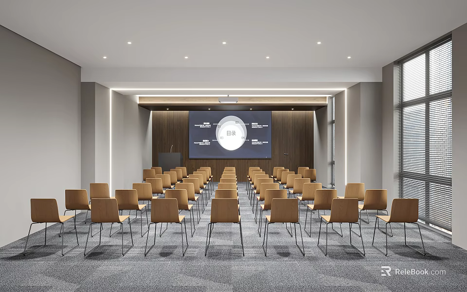 Modern Conference Room Interior With Arranged Chairs Large Screen Wooden Backdrop Windows And Ceiling Lights 3d model 