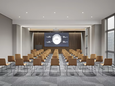 Modern Conference Room Interior With Arranged Chairs Large Screen Wooden Backdrop Windows And Ceiling Lights 3d model