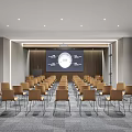 Modern Conference Room Interior With Arranged Chairs Large Screen Wooden Backdrop Windows And Ceiling Lights