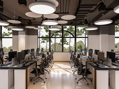 Modern Office Interior With Workstations Office Chairs Round Pendant Lights Large Windows And Tree Views 3d model