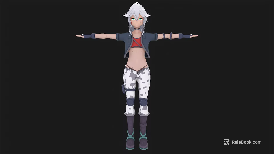 Woman With White Hair Green Eyes Red Top Black Jacket Camouflage Pants Boots Arms Outstretched 3d model 