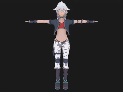 Woman With White Hair Green Eyes Red Top Black Jacket Camouflage Pants Boots Arms Outstretched 3d model