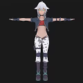 Woman With White Hair Green Eyes Red Top Black Jacket Camouflage Pants Boots Arms Outstretched