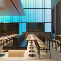 Modern Restaurant Interior With Long Tables Chairs Glass Walls And Wooden Decor