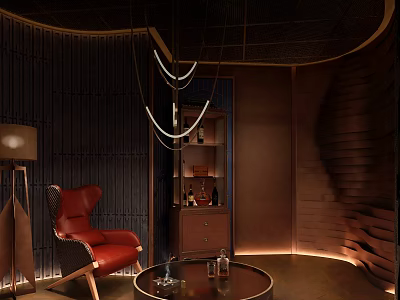 Modern Lounge Interior With Red Armchair Round Table Wine Cabinet And Chandelier 3d model