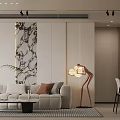 Modern Living and Dining Room Interior Design With Sofa Floor Lamp Marble Art Rug and Chairs