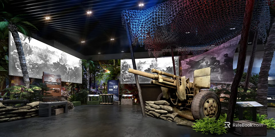 Historical Military Exhibition Hall Interior With Vintage Cannon Sandbags Murals Green Plants And Benches 3d model 