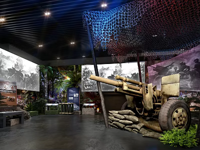 Historical Military Exhibition Hall Interior With Vintage Cannon Sandbags Murals Green Plants And Benches 3d model