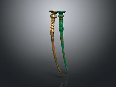 Traditional Green And Gold Decorative Hairpins For Elegant Hair Accessories 3d model