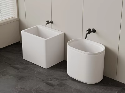 Modern Bathroom With Two White Washbasins Wall Mounted Faucets And Gray Floor 3d model