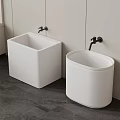 Modern Bathroom With Two White Washbasins Wall Mounted Faucets And Gray Floor