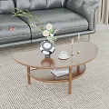 Oval Brown Coffee Table With Vase Teacup Candles And Sofa Rug 3d model